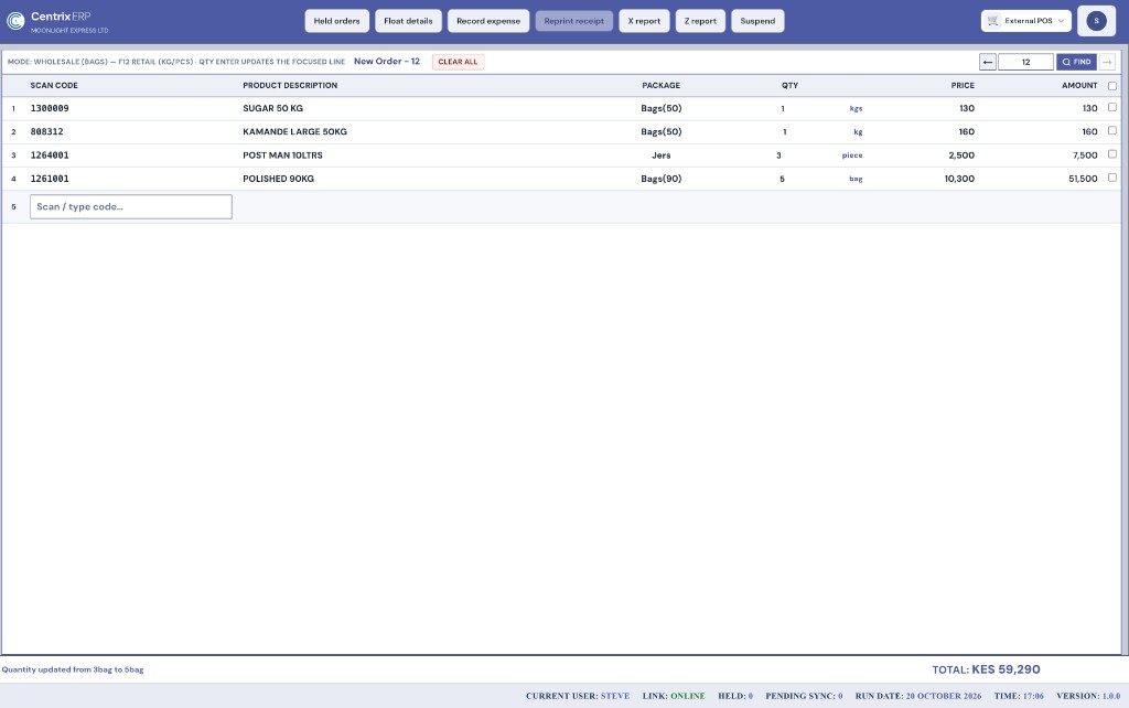 CentrixERP External POS Classic Mode — table search checkout
